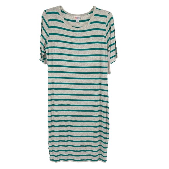 LuLaRoe Retired Julia Dress L Teal and White Striped SS Form Fitting NWT - Picture 1 of 7